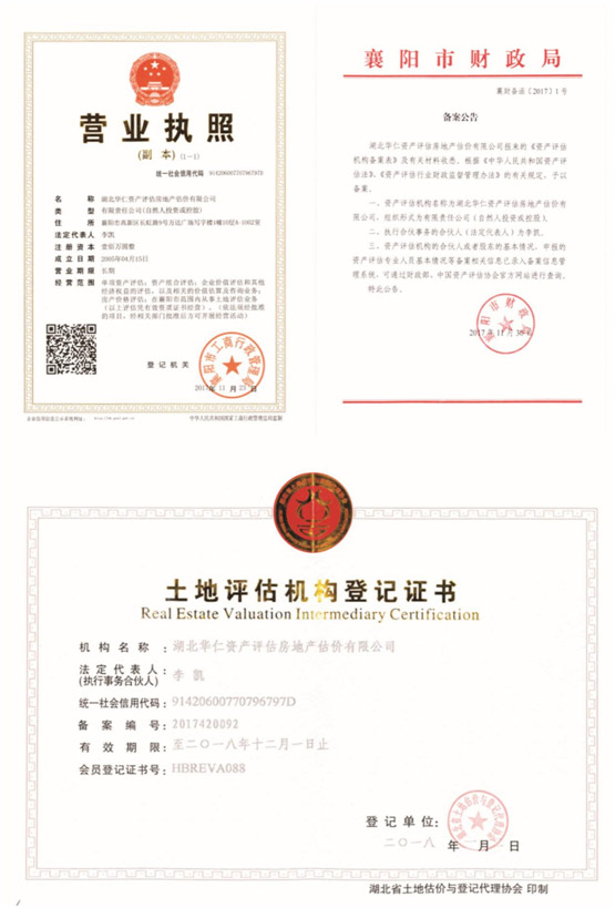 華仁資產(chǎn)評(píng)估房地產(chǎn)估價(jià)有限公司營(yíng)業(yè)執(zhí)照、資產(chǎn)評(píng)估備案公告、土地評(píng)估機(jī)構(gòu)登記證書(shū).jpg