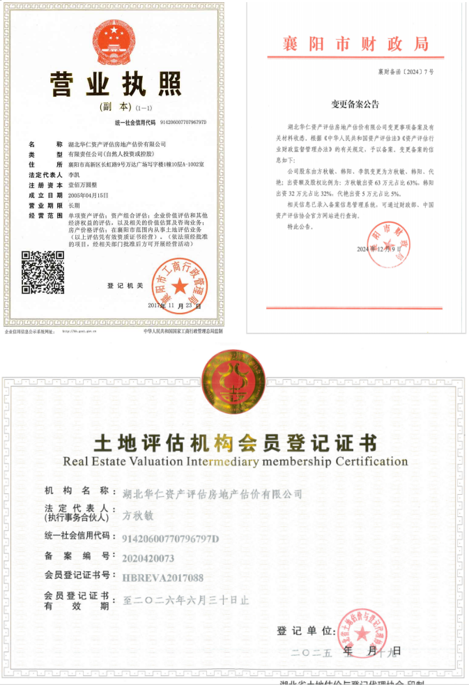 華仁資產(chǎn)評估房地產(chǎn)估價有限公司營業(yè)執(zhí)照、資產(chǎn)評估備案公告、土地評估機(jī)構(gòu)登記證書